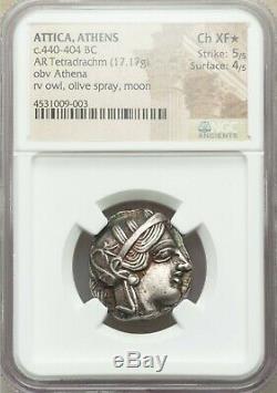 440 B. C. Athens Silver AR Tetradrachm, Athenian Owl, NGC Choice XF Star, Toned