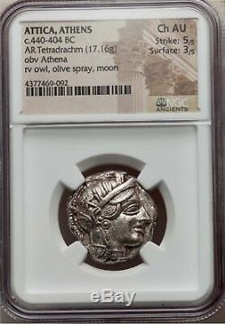 ATTICA Athens Athena Owl 440-404 BC AR (Silver) Tetradrachm NGC Ch-AU 5/5 3/5