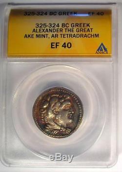 Alexander the Great III AR Tetradrachm Coin 325-324 BC Ake. ANACS XF40 Rainbow
