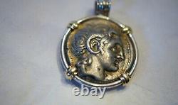 Alexander the Great Silver Tetradrachm Coin 323-281 BC Sterling Bezel &14K Gold