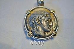 Alexander the Great Silver Tetradrachm Coin 323-281 BC Sterling Bezel &14K Gold