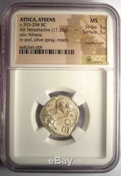Ancient Athens Greece Athena Owl Tetradrachm Coin (393-294 BC) NGC MS (UNC)