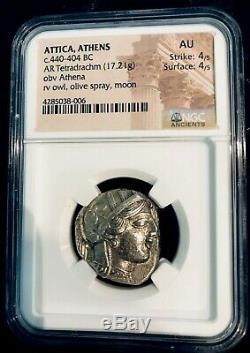 Ancient Attica Athens Greek Owl Silver Tetradrachm Coin (440-404 BC) NGC AU