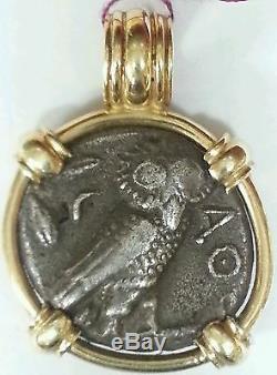 Ancient Greek Coin tetradrachm OWL mounted in 14K Gold Pendant Rare Coin