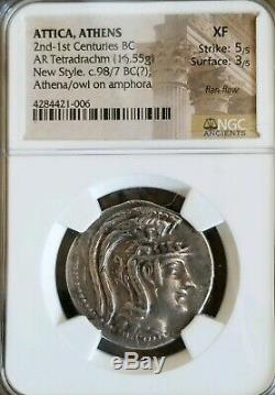 Athena, Attica New Style Tetradrachm NGC XF 5/3 Ancient Silver Coin Satyr