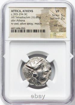 Athens Attica Owl, Tetradrachm Thick Silver Coin 393-294 BC, Greek Athena NGC XF