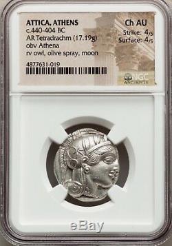 Attica Athens Greek Owl Silver Tetradrachm Coin (440-404 BC) NGC CH AU 4/5 4/5