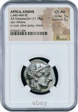 Attica Athens Greek Owl Silver Tetradrachm Coin (440-404 BC) NGC CH AU 5/5 5/5