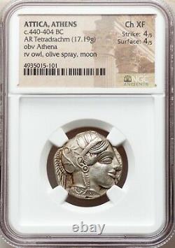 Attica Athens Greek Owl Silver Tetradrachm Coin (440-404 BC) NGC CH XF 4/5 4/5