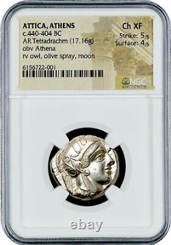 Attica Athens Greek Owl Silver Tetradrachm Coin (440-404 BC) NGC Ch XF 5/5 4/5