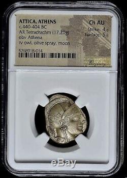 Attica Athens Greek Owl Silver Tetradrachm Coin (440-404 BC) NGC Choice AU 4+5
