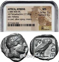 Attica Athens Greek Owl Silver Tetradrachm Coin (440-404 BC) NGC MS 5/5 5/5