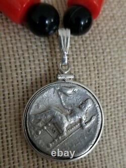 Authentic Ancient Silver Tetradrachm Coin of Alexander The Great Coral Necklace
