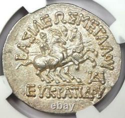 Bactria Eucratides I AR Tetradrachm Silver Coin 170-145 BC NGC Choice AU