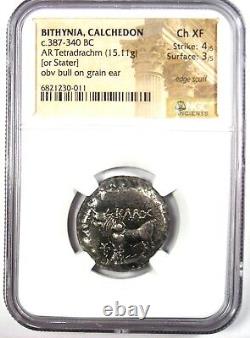 Bithynia Calchedon Silver AR Tetradrachm Bull Coin 387-340 BC NGC Choice XF EF