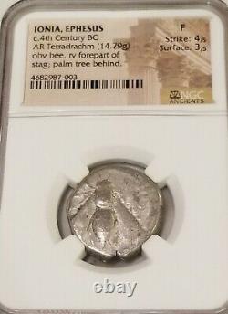 Ionia, Ephesus Bee Tetradrachm 4th Century BC NGC Fine Ancient Silver Coin