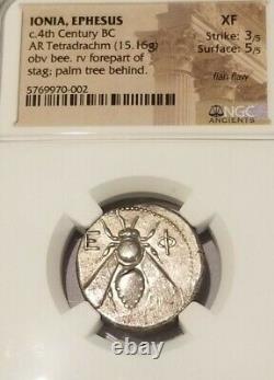 Ionia, Ephesus Bee Tetradrachm NGC XF 4th Century BC Ancient Silver Coin
