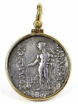 Island of Thasos Silver Dionysus Heracles Tetradrachm Coin in 14k Gold Pendant