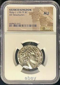 Lustrous 95-75 BC Seleucid Philip I Philadelphus AR Tetradrachm Silver NGC AU