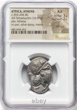 NGC AU Attica Athens Owl, Tetradrachm Thick Silver Coin 393-294 BC, Greek Athena