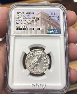 NGC MS 5/5 & 3/5 Attica, Athens AR Silver Tetradrachm (440-404 BC) Owl Coin