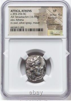 NGC VF Athens Attica Owl, Tetradrachm Thick Silver Coin 393-294 BC, Greek Athena
