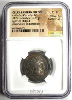 Philip II AR Tetradrachm Zeus Silver Celts Greek Coin 300 BC NGC Choice Fine