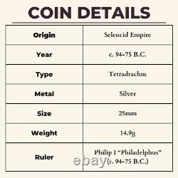 Philip Philadelphus Coin Ancient Greece Silver AR Tetradrachm Seleucid 94BC