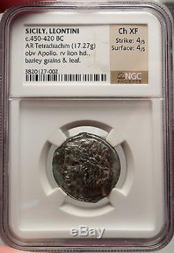 SICILY LEONTINI 450 BC Authentic Ancient Greek Silver Coin NGC Certified Ch XF