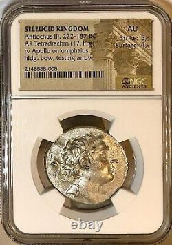 Seleucid 222-187 BC Antiochus III 28mm 17.11g Silver Tetradrachm NGC AU 5/5 4/5