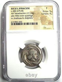 Sicily Syracuse AR Tetradrachm Silver Coin 480 BC NGC Fine 5/5 Strike