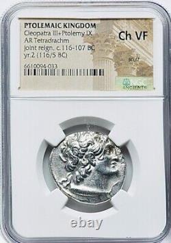 116-107 av. J.-C. Règne conjoint de Cléopâtre III et Ptolémée IX Tétradrachme en argent NGC Ch VF