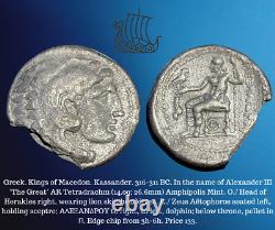 316-311 av. J.-C. Grèce Macédoine Kassandre Alexandre III Le Grand AR Tétradrachme 14.0g