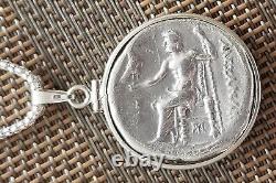 Alexandre Le Grand Grec Antique Tetradrachm Coin 925 Collier D'argent Avec Coa
