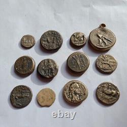 Anciens 12 pièces de monnaie en bronze et argent tétradrachme dinarius romain grec ancien