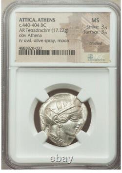 Athènes Antique Grèce Athena Owl Tetradrachm Silver Coin 440-404 Bc Ngc Ms