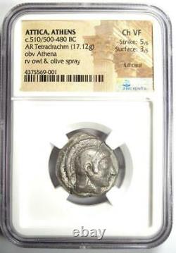Athènes Athena Owl Tetradrachm Coin (510-480 Bc) Ngc Choix Vf Avec Full Crest