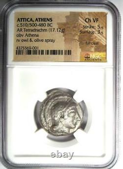 Athènes Athena Owl Tetradrachm Coin (510-480 Bc) Ngc Choix Vf Avec Full Crest