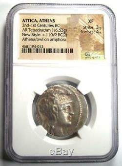 Athènes Grèce Athena Owl Tetradrachm Coin (110 Bc, Nouveau Style) Certifié Ngc Xf