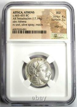 Athens Athena Owl Argent Tetradrachm Coin 465-455 Bc Ngc Au Rare Première Édition