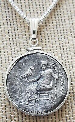 Collier en argent avec pièce de tétradrachme grec ancienne d'Alexandre III le Grand, avec COA