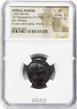 NGC XF Attica Athènes Chouette, Tétradrachme en argent épais 393-294 av. J.-C., Athéna grecque
