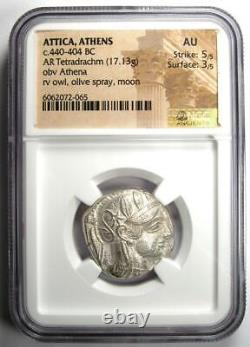 Pièce de monnaie ancienne d'Athènes, Grèce, tétradrachme à l'effigie d'Athéna et de la chouette, 440-404 av. J.-C., certifiée NGC AU.