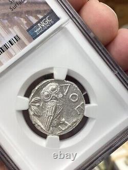 Pièce de monnaie en argent AR tétradrachme NGC MS 5/5 & 3/5 Attique, Athènes (440-404 av. J.-C.) avec une chouette.