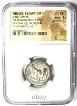 Pièce de monnaie en argent Thrace Byzance AR tétradrachme vache et dauphin 387 av. J.-C. NGC Choice XF
