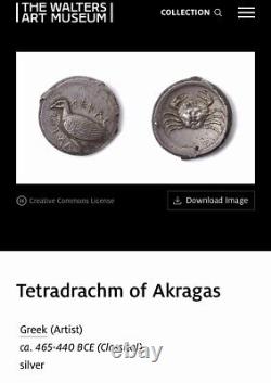 Pièce de monnaie grecque antique en argent, tétradrachme de crabe d'Akragas 465-440 av. J.-C., avec aigle.