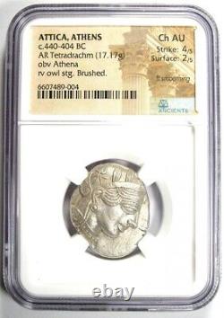 Pièce de monnaie tétradrachme de la chouette d'Athéna, Athènes, Grèce, 440-404 av. J.-C. Certifiée NGC Choix AU.
