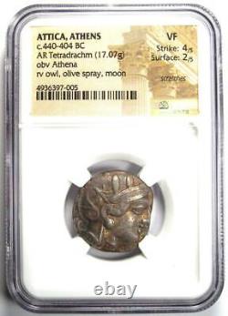Pièce en argent AR tétradrachme d'Athènes, Grèce, représentant Athéna et la chouette, 440-404 avant J.-C., certifiée NGC VF