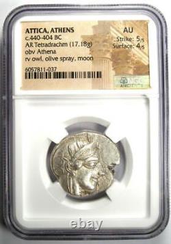 Pièce en argent de tétradrachme d'Athènes Athéna Owl AR 440-404 av. J.-C. NGC AU 5/5 Frappe