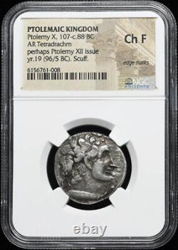 Ptolémée X 107-88 av. J.-C. Tétradrachme en argent, année 19, Royaume égyptien ptolémaïque, NGC Ch F.